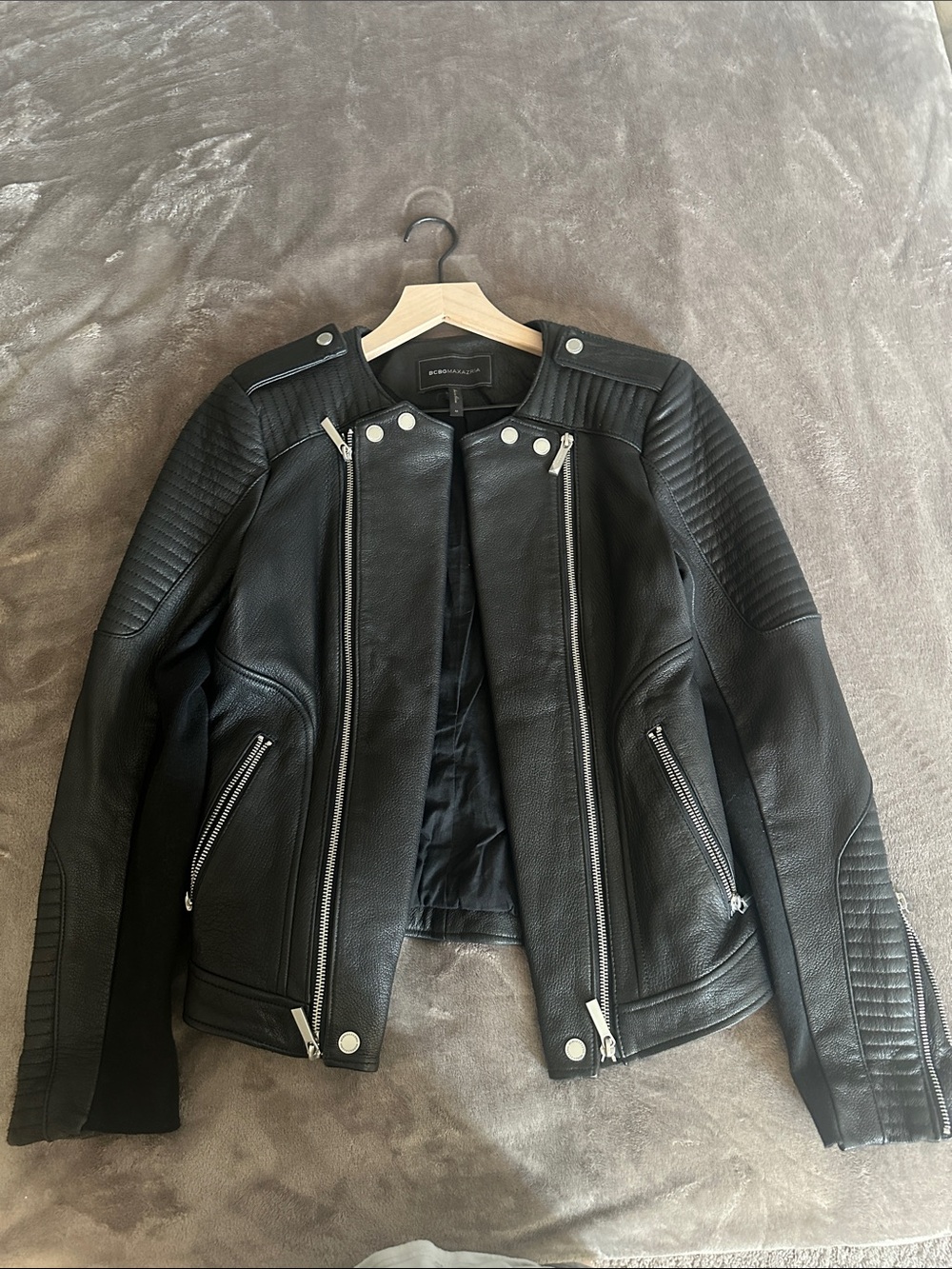BCBGMaxAzria Black Quilted Leather Moto Jacket with Silver Hardware